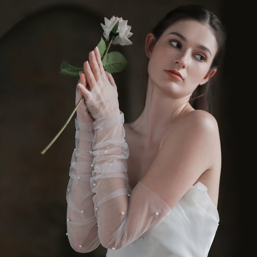 White Black Full-Long Beaded Wedding Accessories Bridal Gloves With Pearls