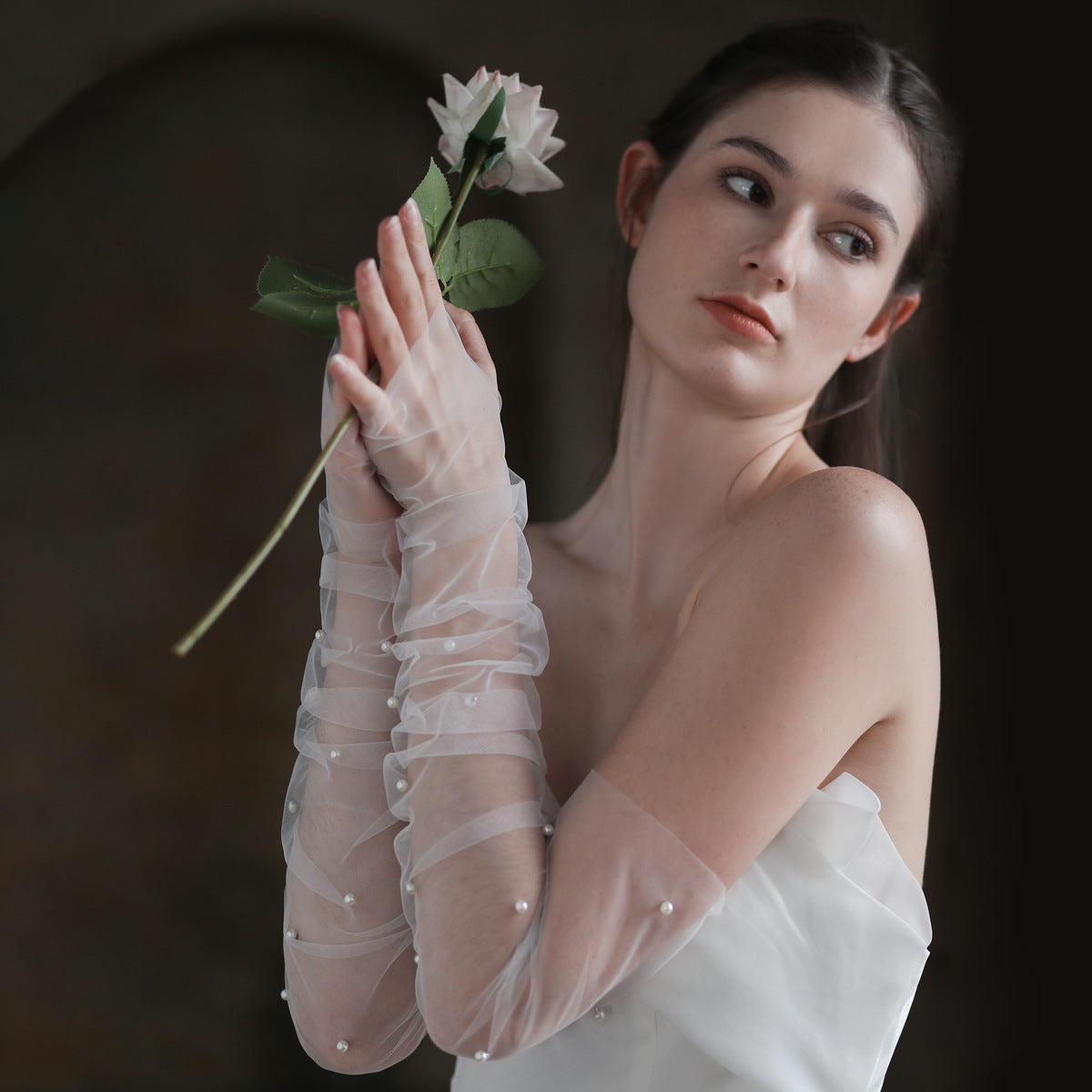 White Black Full-Long Beaded Wedding Accessories Bridal Gloves With Pearls