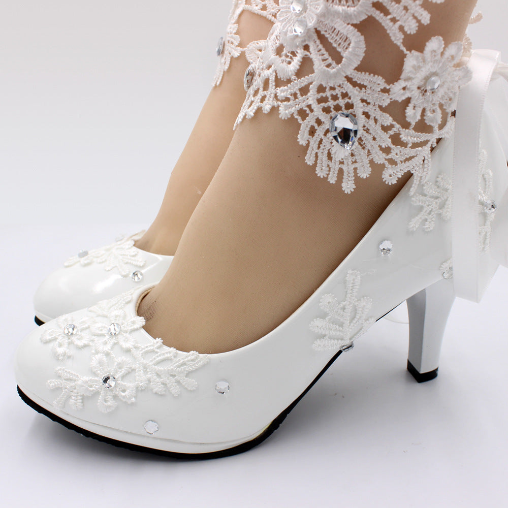 European American Style White High Heel Wedding Shoes for Women Thin Heels Plus Size PU Rhinestone