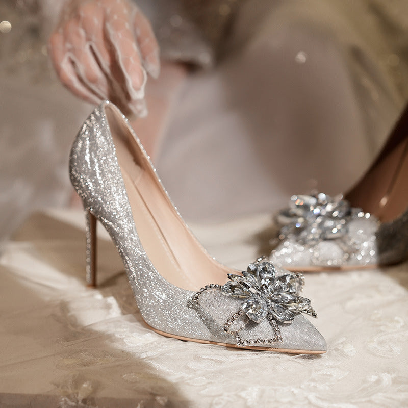 High Heel Glitter Bridal Shoes Ladies Pumps Women's Pointed Toe Stiletto Crystal Party Wedding Shoes