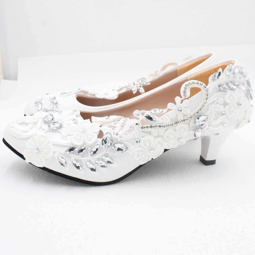 Women's White Wedding Shoes European American Style 8cm High Heels PU Round Toes Large Size Elegant Rhinestone Lace Bridal Shoe