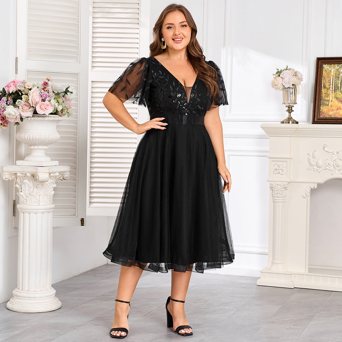 2026 Spring/Summer Plus Size Sequined Mesh A-Line Party Dress Double V-neck Elastic Waist Short Sleeve Evening Gown