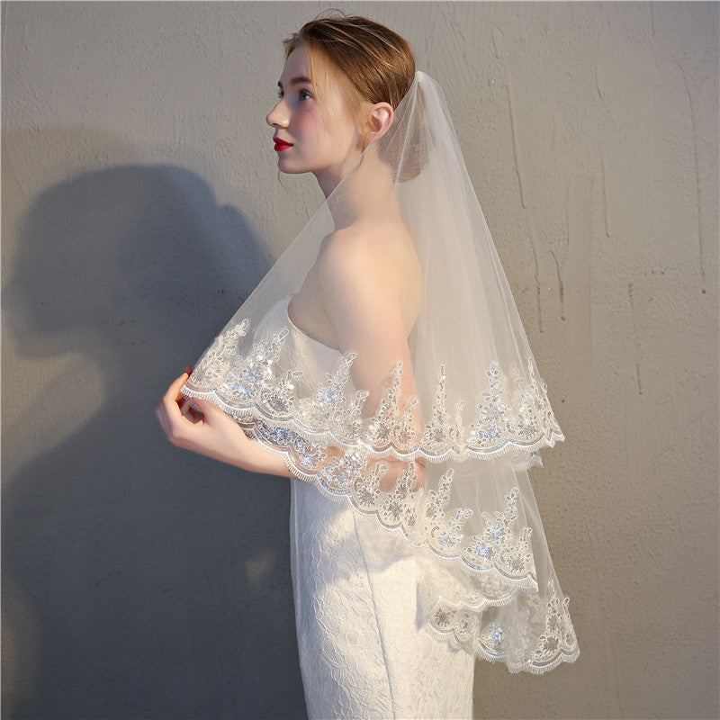 Exquisite Double Layer Veil with Sequined Lace Beaded Wedding Headdress Embroidered Bridal Veils