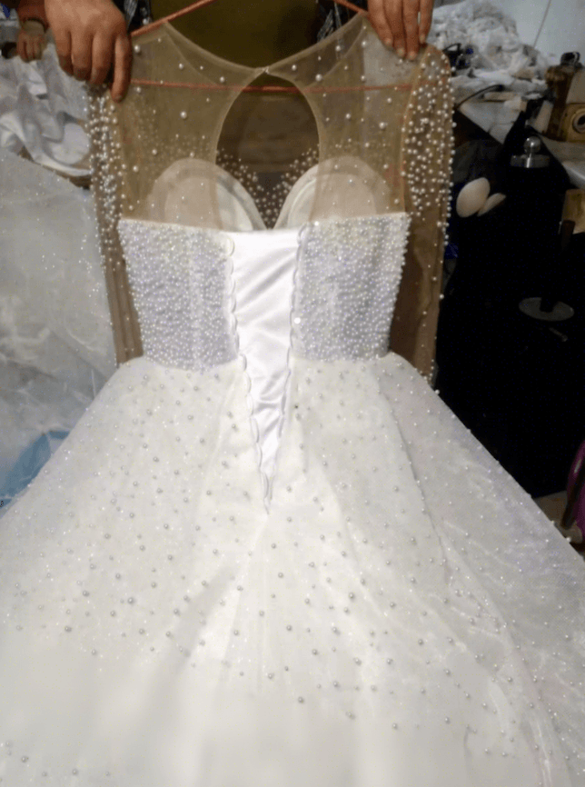 New African Crystal Wedding Dress Long-sleeved V-neck Hollow-out Floor-Length Pearl Decorated Sweep Bridal Gown
