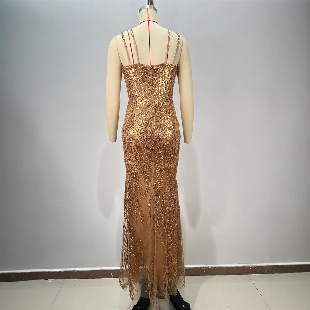 Elegant Noble Backless V-Neck Evening Dress Spaghetti Strap Sleeveless Rhinestone Sequined Maxi Pencil Birthday Party Dress