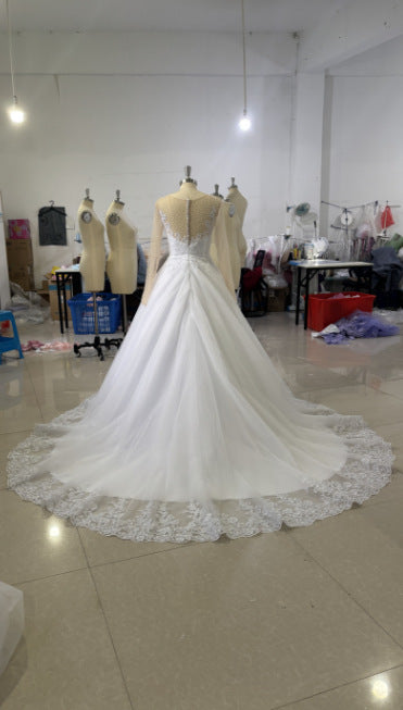 New V-Neck Long Sleeve Sheer Wedding Dress Elegant Lace Beaded Bridal Gown