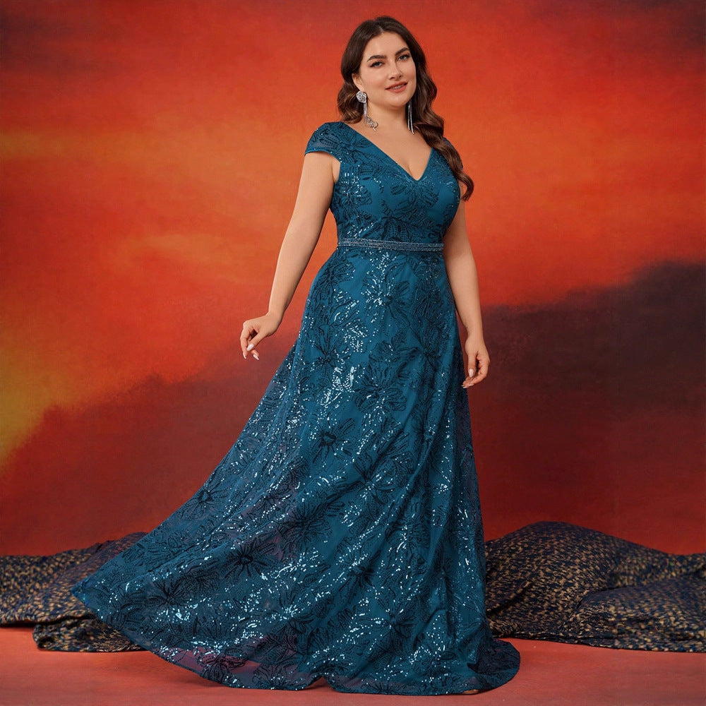Plus Size V-neck Sequined Evening Gown Floor-length Sleeveless Slim Fit Polyester Evening Dress for Banquet