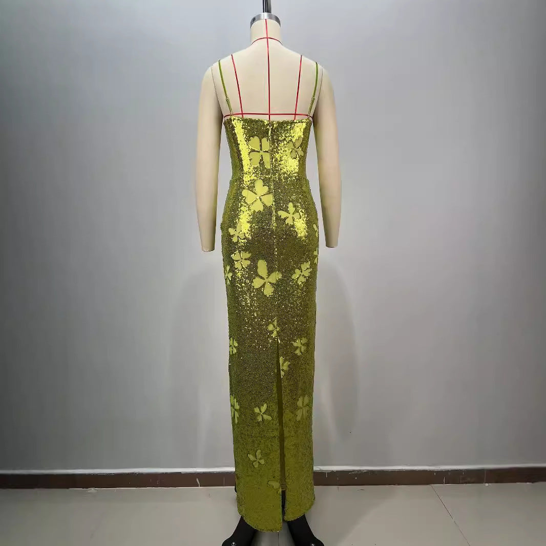 New Sequined V-neck Backless Evening Dress Sleeveless Bow Bodycon Slimming Floor-length Birthday Party Dress