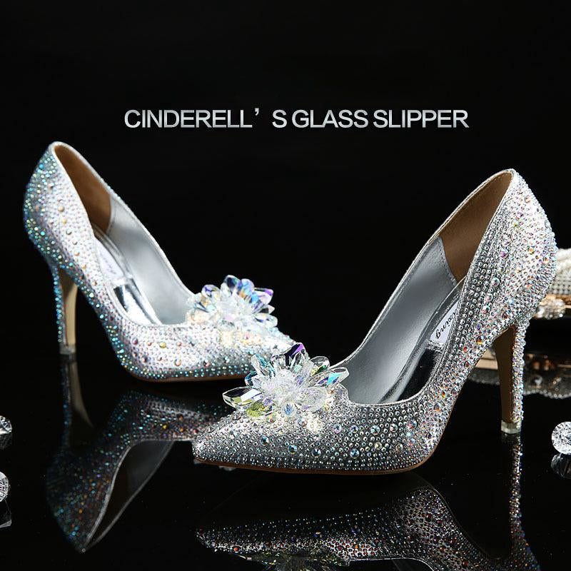 High Heeled Wedding Shoes Plus Size Women's Rhinestone Crystal Stiletto Pointed Cinderella Bride Shoes