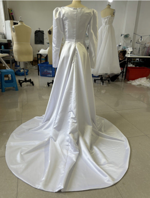 New Satin Light Wedding Dress Hepburn Style Long Sleeve Slim Mermaid Welcome Bridal Dress