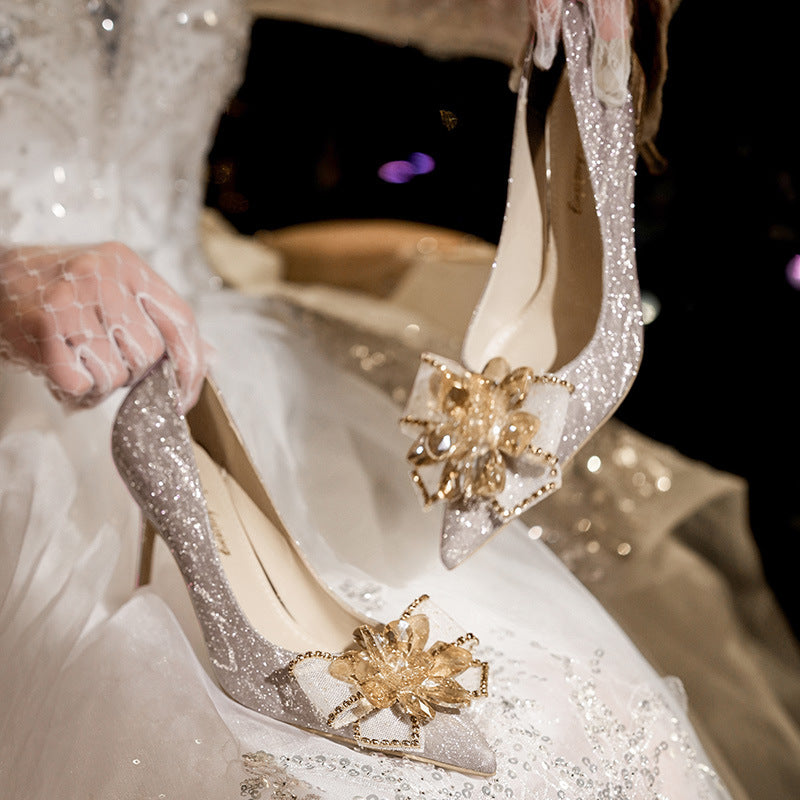 High Heel Glitter Bridal Shoes Ladies Pumps Women's Pointed Toe Stiletto Crystal Party Wedding Shoes