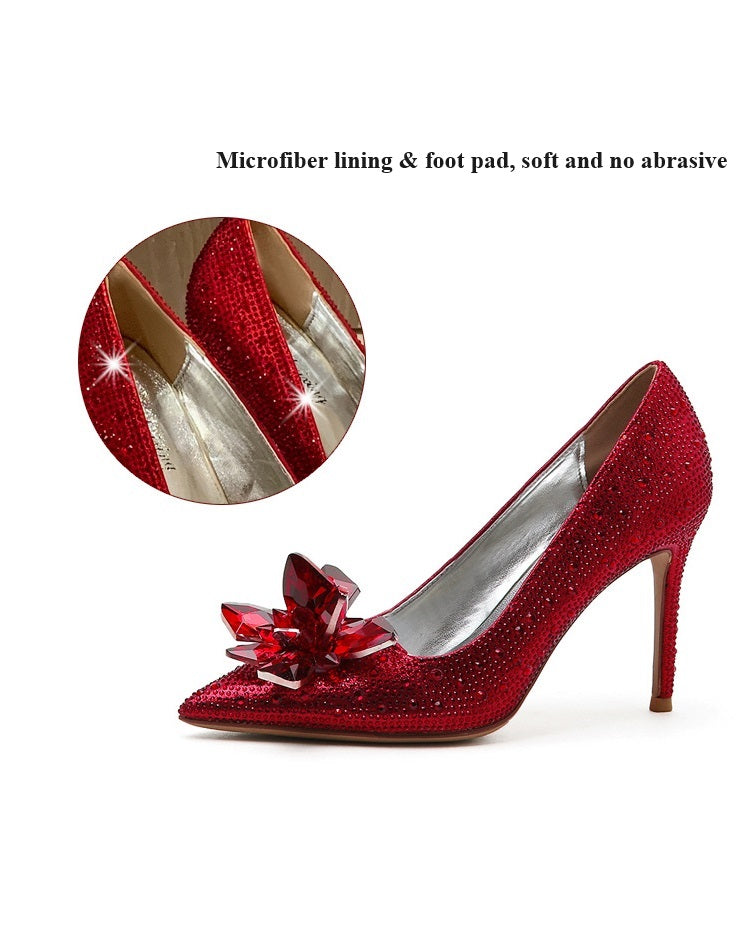 Plus Size 34-43 High Heel 7/9cm Cinderella Wedding Shoe Luxury Rhinestone Stiletto Close Pointed Toe Bridal Shoes