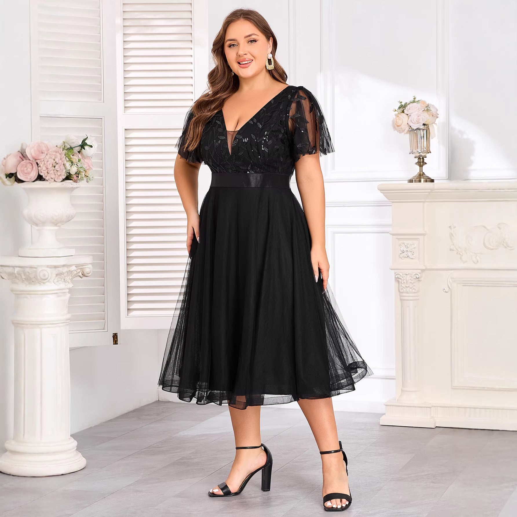 2026 Spring/Summer Plus Size Sequined Mesh A-Line Party Dress Double V-neck Elastic Waist Short Sleeve Evening Gown