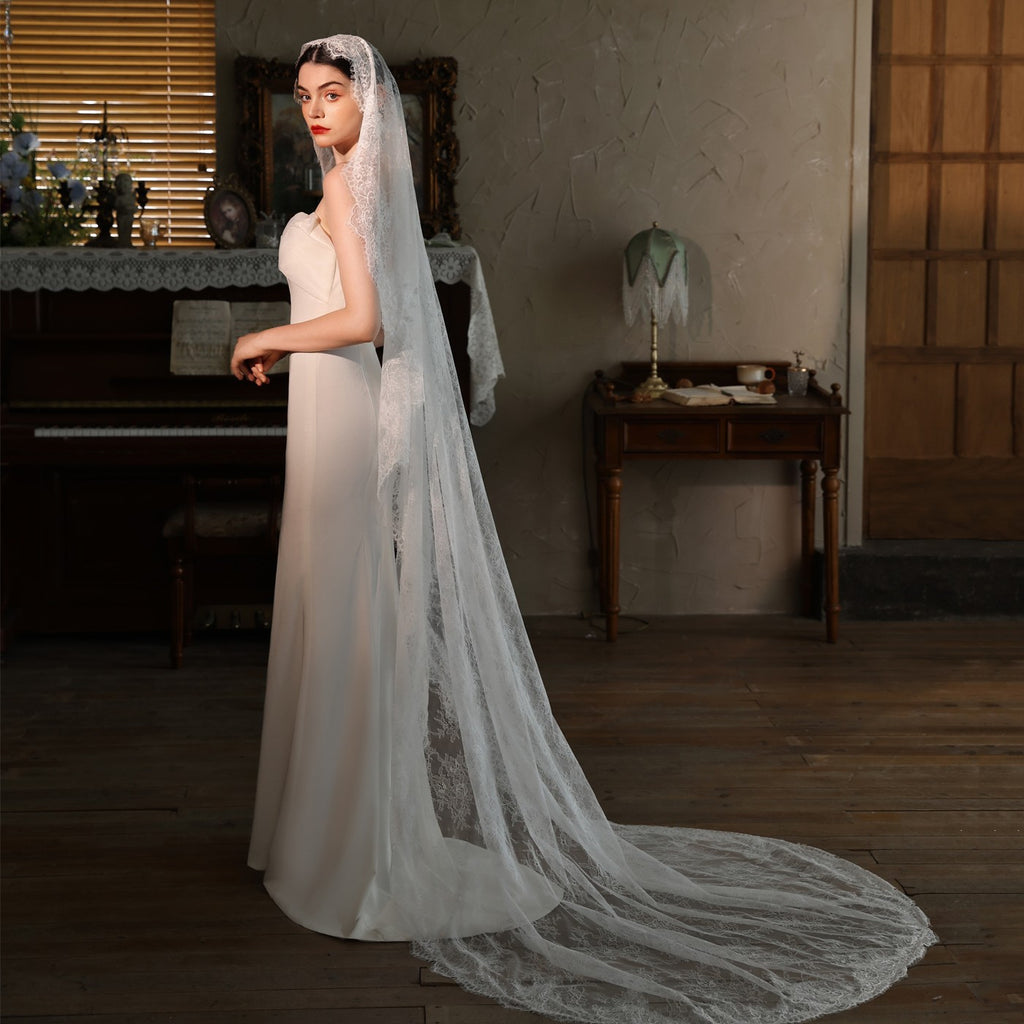 New Appliqued Eyelash Lace Main Wedding Dress Bridal Veil Vintage Super Fairy Long Train Cathedral One-Layer Wedding Veils