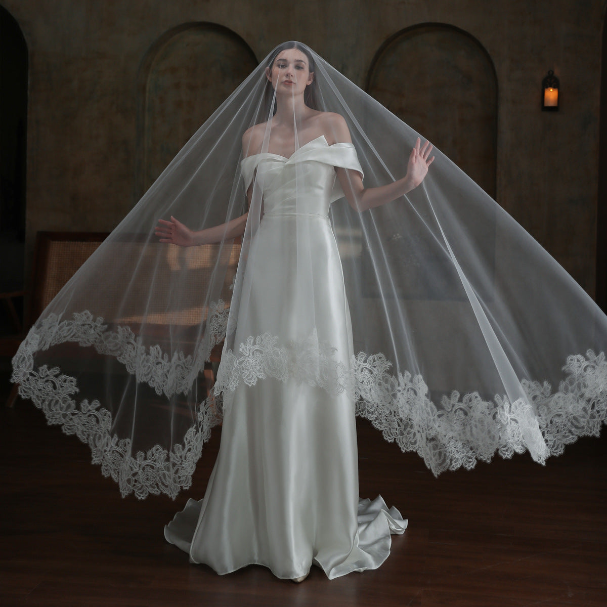 Elegant Vintage 3 Meter Long Lace Edge Bridal Veil Courtly Chapel Train Veil for Main Wedding