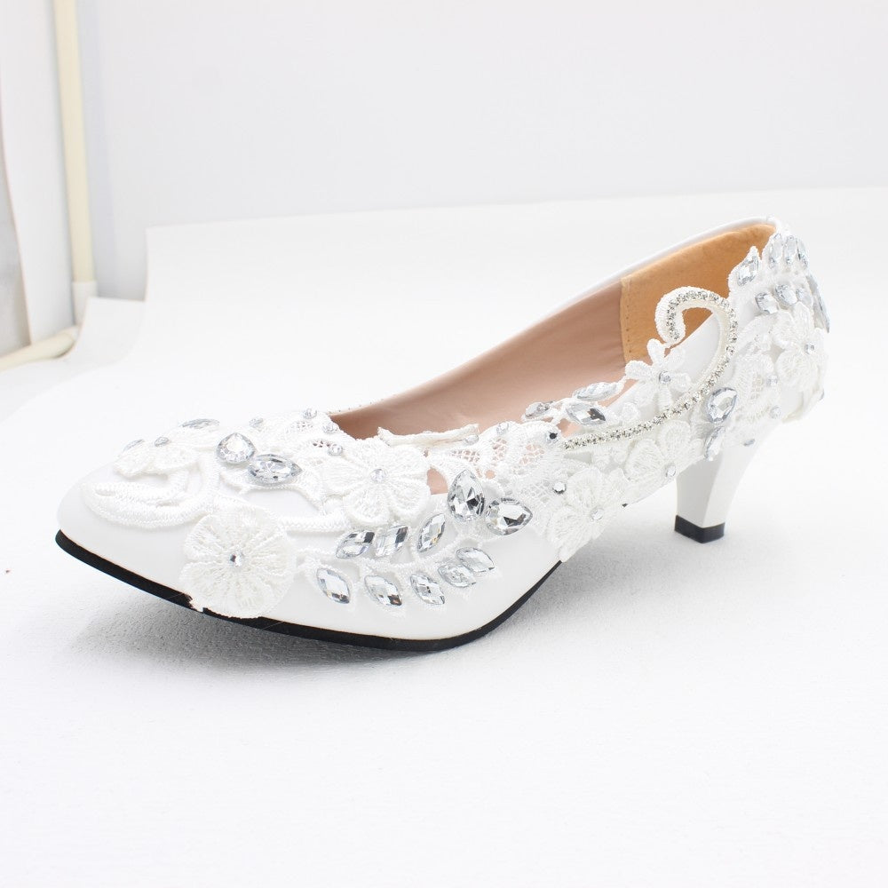 Women's White Wedding Shoes European American Style 8cm High Heels PU Round Toes Large Size Elegant Rhinestone Lace Bridal Shoe