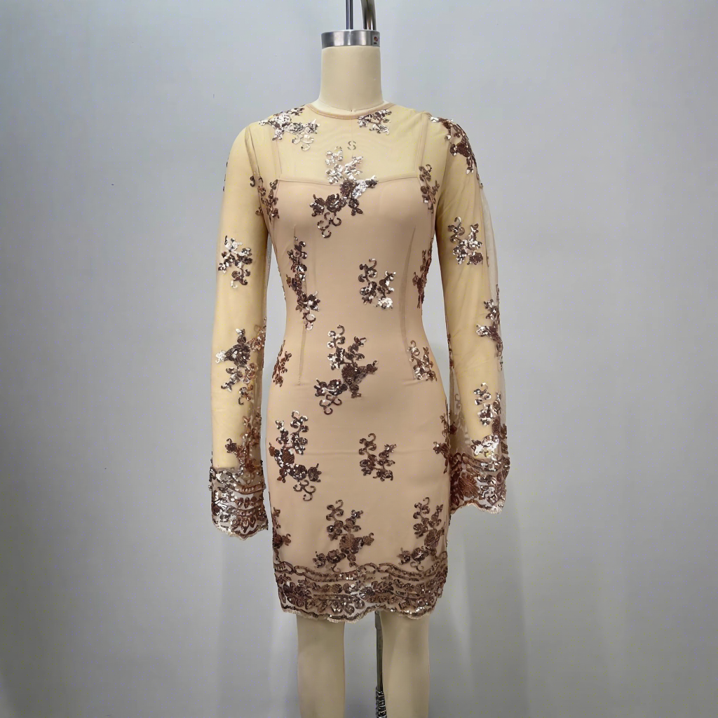 New Round-neck Long-sleeve Evening Dress Mesh Sequined Embroidery Bodycon Sexy Slim-fit Party Dress