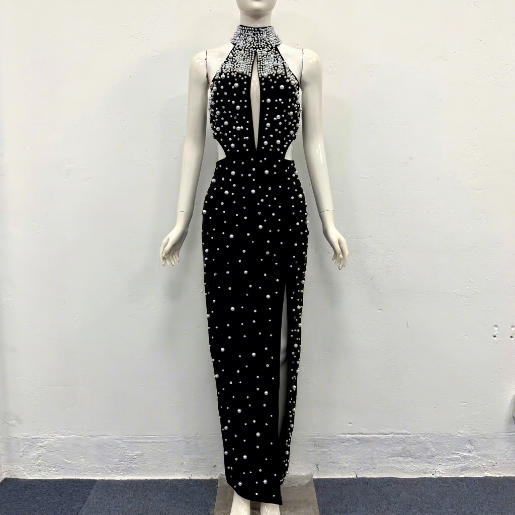 New Luxury Beaded Pearl Rhinestone-embellished Evening Dress Sexy Hollow-out Slit Celebrity-style Bandage Party Dress