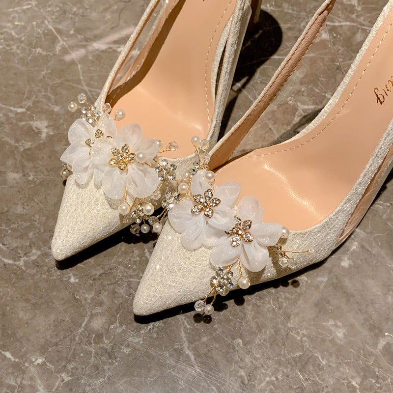 Wedding Party 6/8/10cm High Stiletto Sandal Floral Pearl Closed Pointed Toe Slingback High Heels Bridesmaid Bridal Shoe