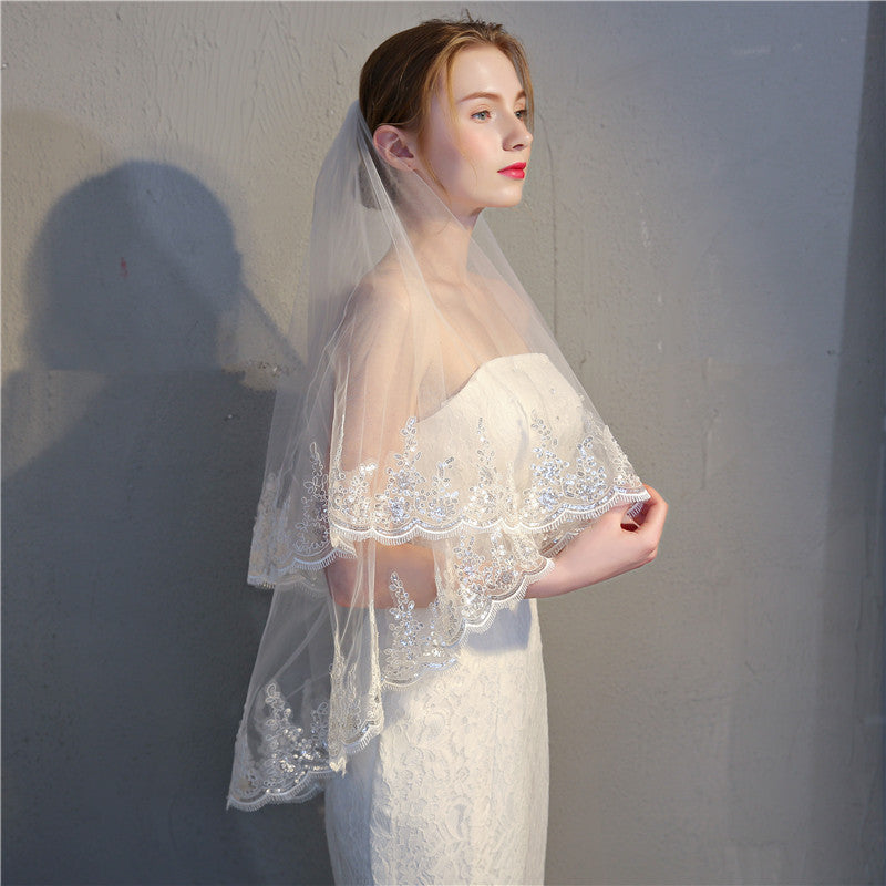 Exquisite Double Layer Veil with Sequined Lace Beaded Wedding Headdress Embroidered Bridal Veils