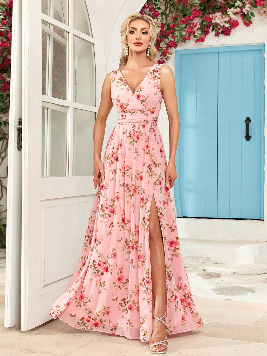 Promotion Fashion Floral Chiffon A-line Evening Dress Double V-neck Sleeveless Split Elastic Waistline Party Banquet Dress