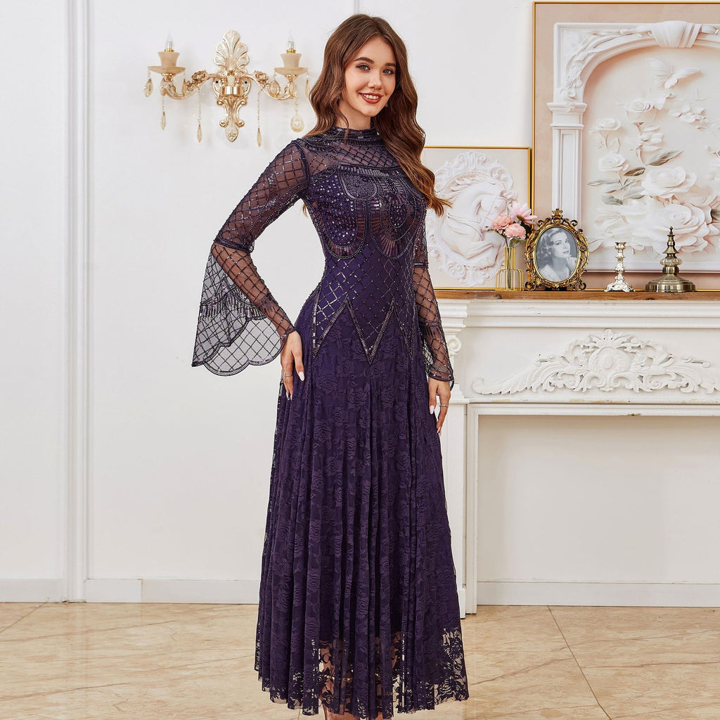 New Sequined Floor-Length Evening Dress Elegant Slim Long Sleeve Banquet Party Dress
