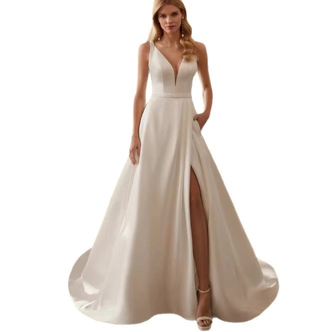 New Satin Light Wedding Dress Elegant Simple Deep V-Neck Sleeveless Backless Slit Sweep Bridal Dress