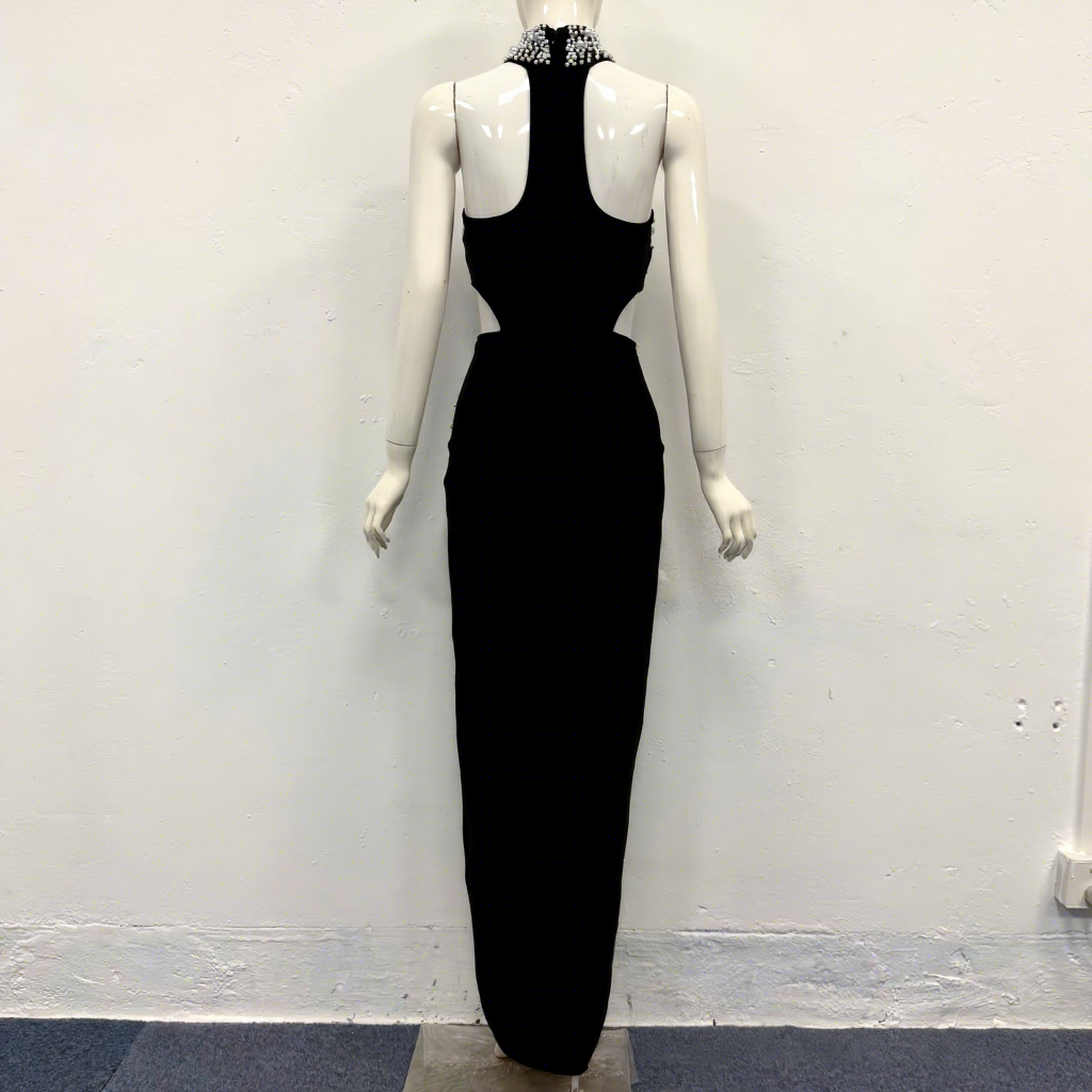New Luxury Beaded Pearl Rhinestone-embellished Evening Dress Sexy Hollow-out Slit Celebrity-style Bandage Party Dress