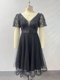 2026 Spring/Summer Plus Size Sequined Mesh A-Line Party Dress Double V-neck Elastic Waist Short Sleeve Evening Gown