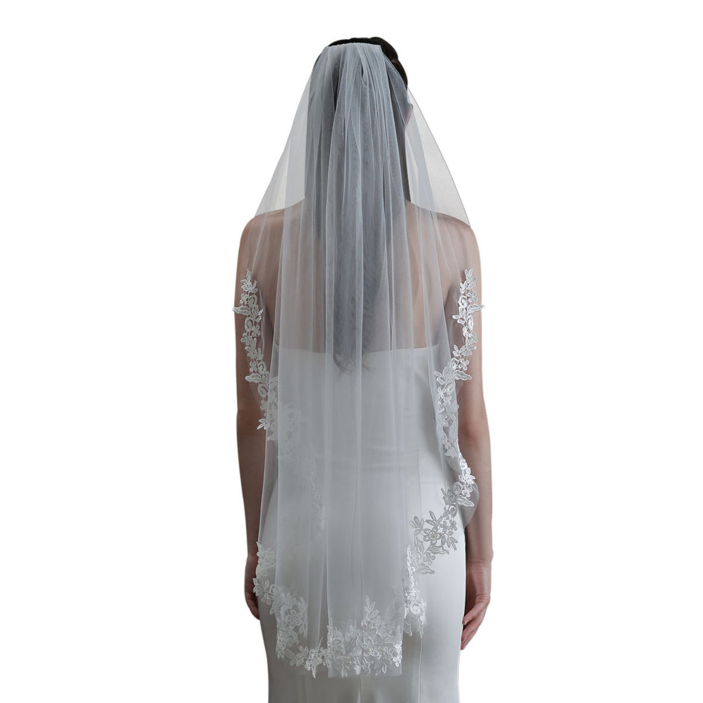 Bridal Veil With Comb Women's Single-Layer Lace Applique Wedding Veil Headpiece