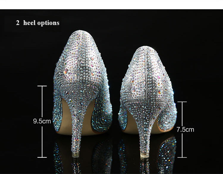 High Heeled Wedding Shoes Plus Size Women's Rhinestone Crystal Stiletto Pointed Cinderella Bride Shoes
