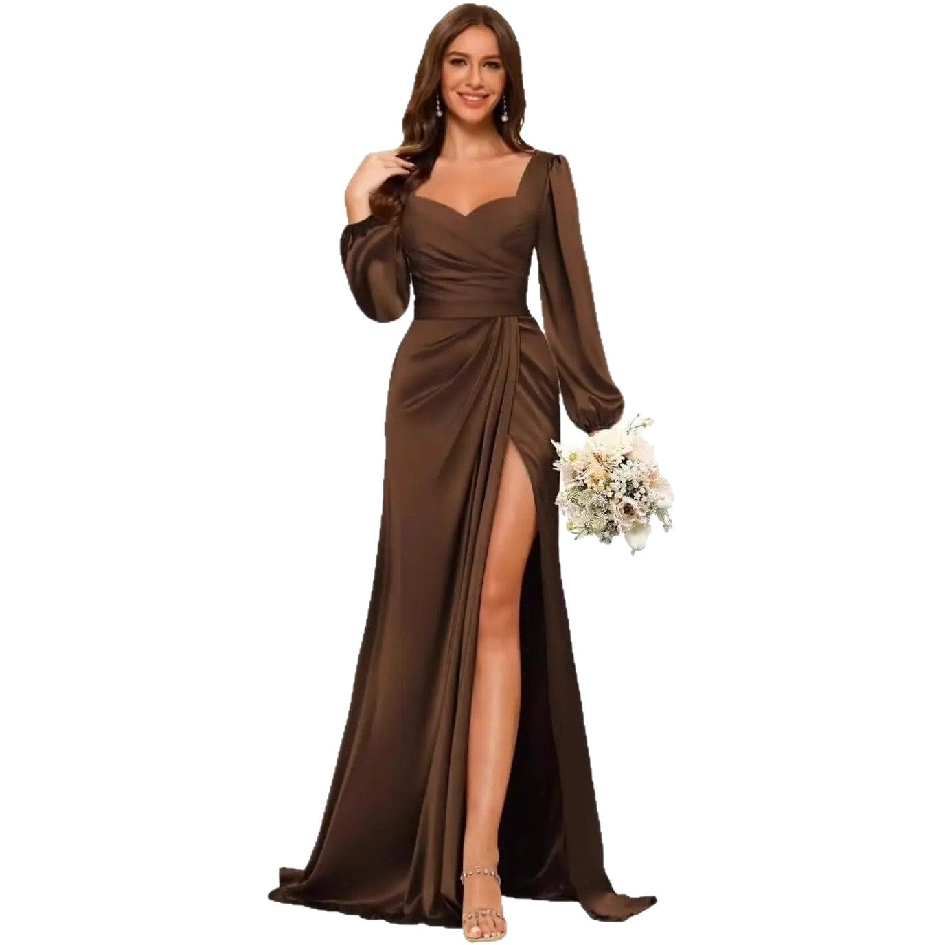 Long-sleeved Satin Bridesmaid Dress Women's Slit U-neck Pleated Formal Party Mermaid Evening Dress