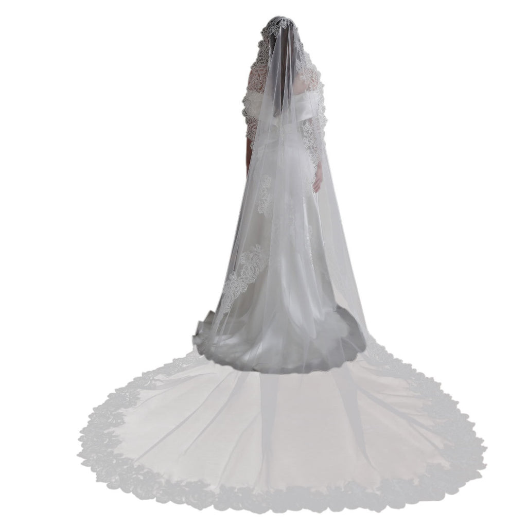 Elegant Vintage 3 Meter Long Lace Edge Bridal Veil Courtly Chapel Train Veil for Main Wedding