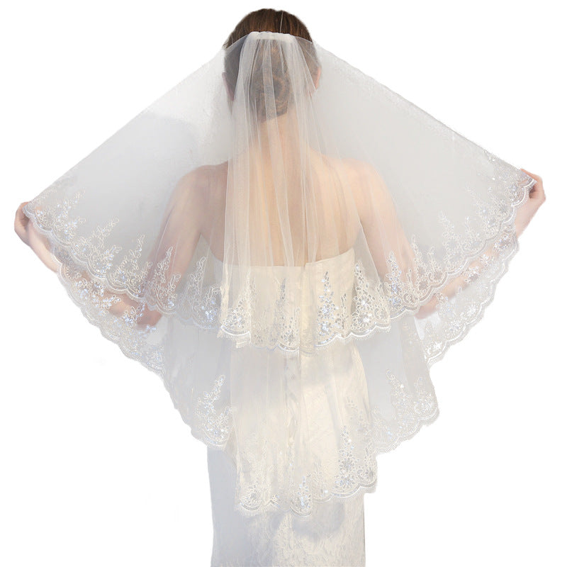Exquisite Double Layer Veil with Sequined Lace Beaded Wedding Headdress Embroidered Bridal Veils