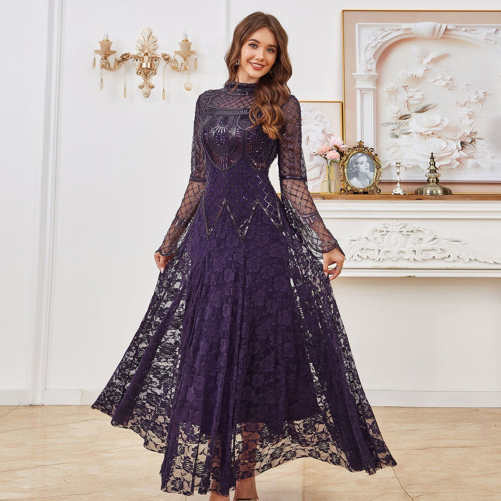 New Sequined Floor-Length Evening Dress Elegant Slim Long Sleeve Banquet Party Dress