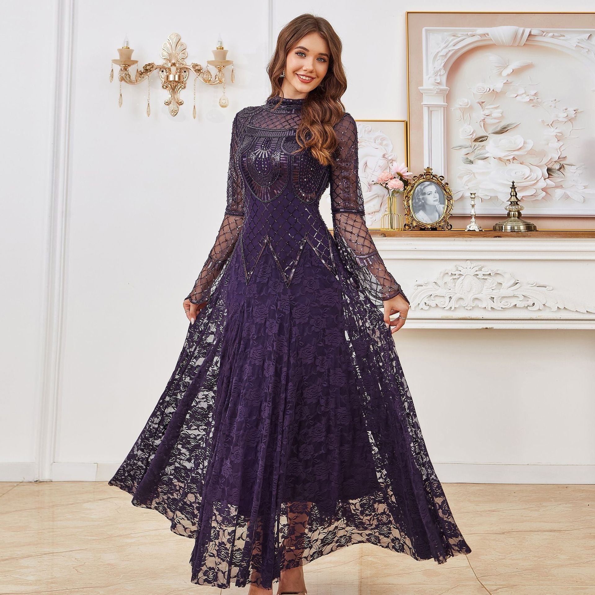New Sequined Floor-Length Evening Dress Elegant Slim Long Sleeve Banquet Party Dress