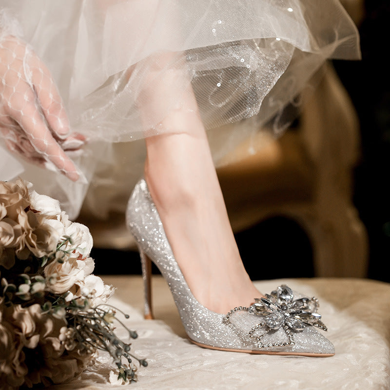 High Heel Glitter Bridal Shoes Ladies Pumps Women's Pointed Toe Stiletto Crystal Party Wedding Shoes