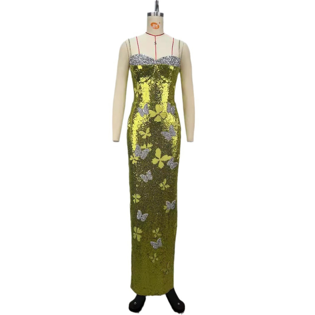 New Sequined V-neck Backless Evening Dress Sleeveless Bow Bodycon Slimming Floor-length Birthday Party Dress