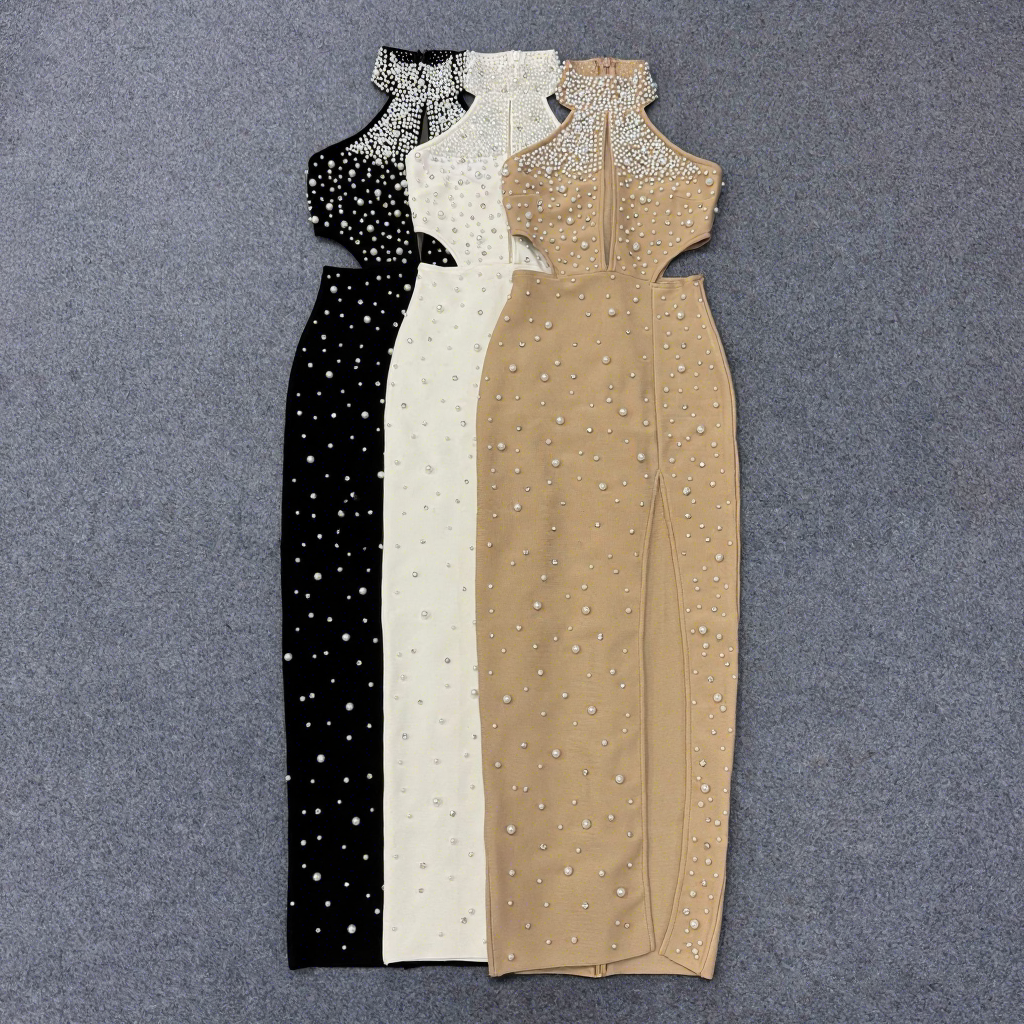 New Luxury Beaded Pearl Rhinestone-embellished Evening Dress Sexy Hollow-out Slit Celebrity-style Bandage Party Dress