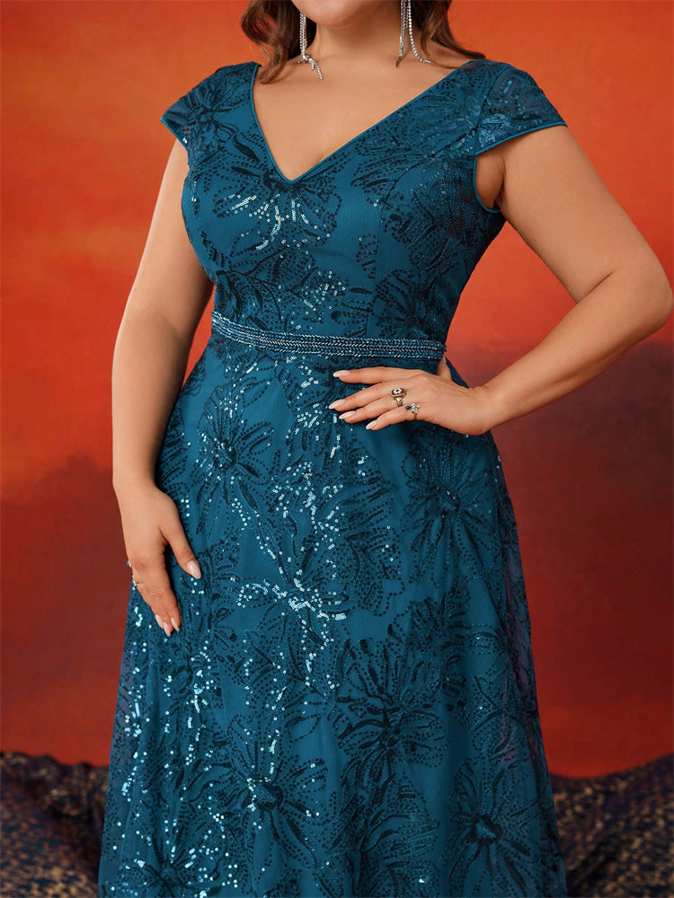 Plus Size V-neck Sequined Evening Gown Floor-length Sleeveless Slim Fit Polyester Evening Dress for Banquet