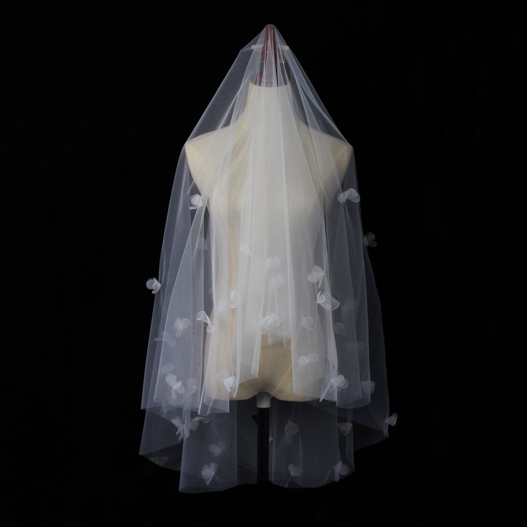 Super Fairy Double Layer Bridal Veil Hand-Sewn Flower Bow Soft Long Wedding Head Veils