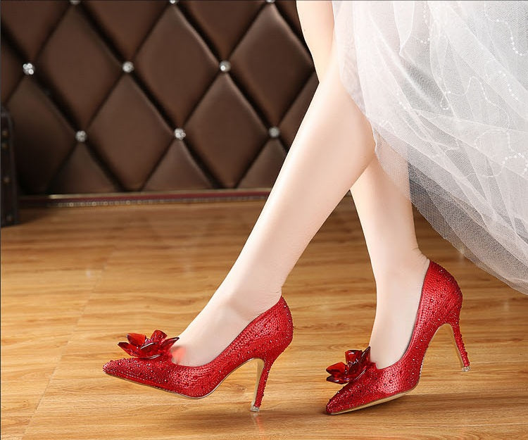 High Heeled Wedding Shoes Plus Size Women's Rhinestone Crystal Stiletto Pointed Cinderella Bride Shoes