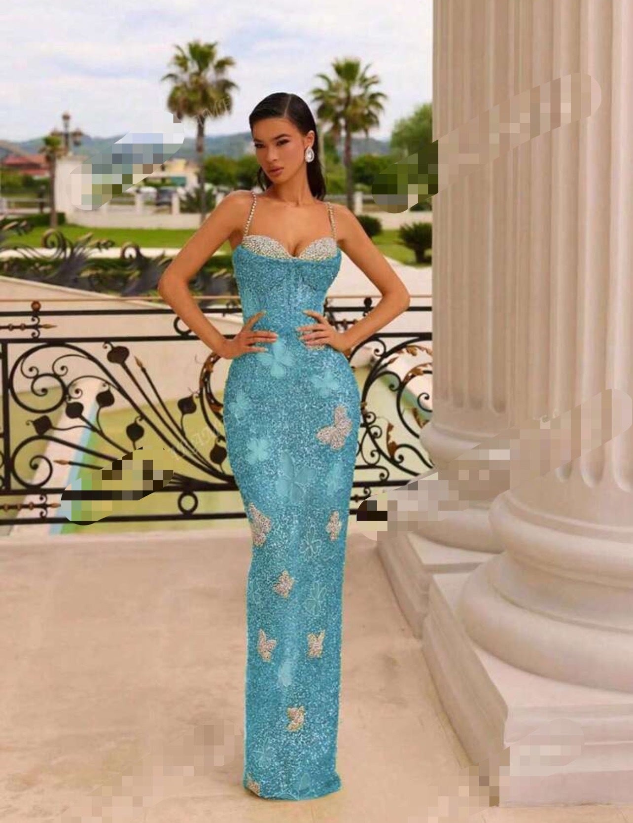 New Sequined V-neck Backless Evening Dress Sleeveless Bow Bodycon Slimming Floor-length Birthday Party Dress