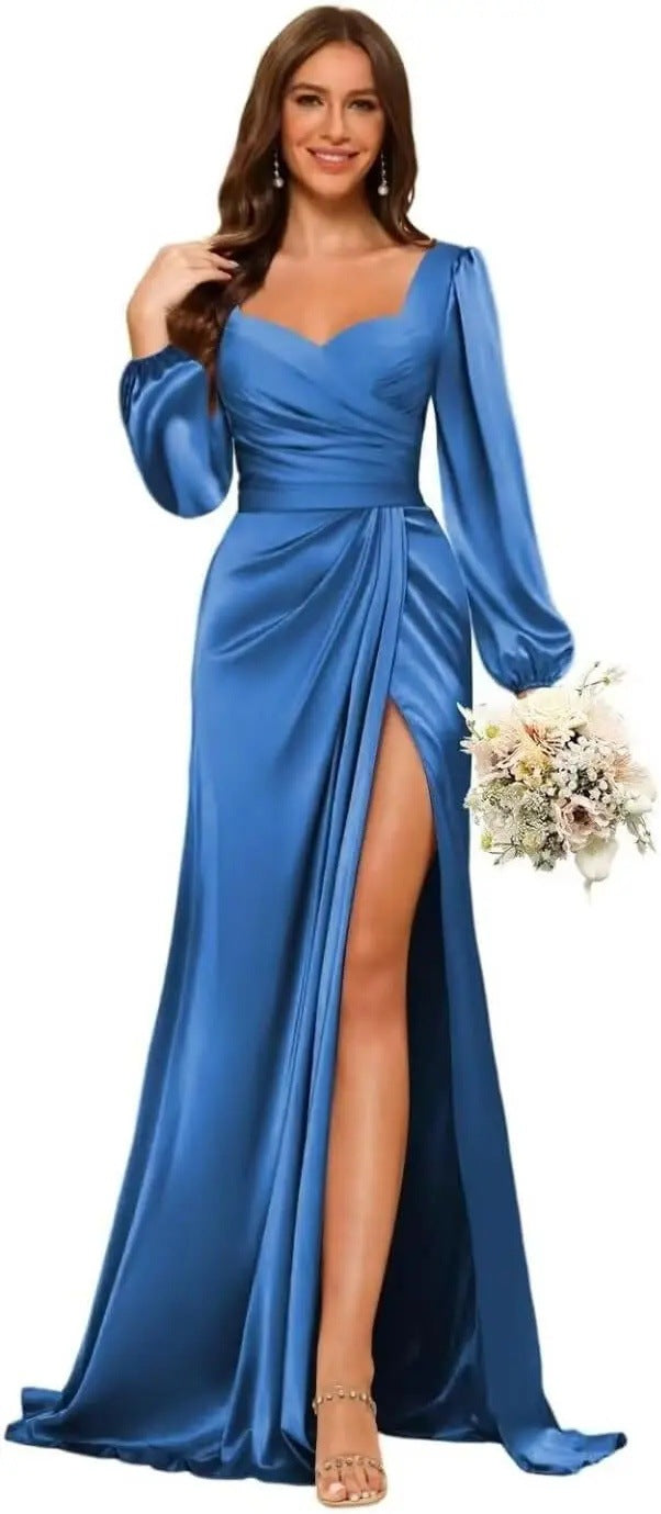 Long-sleeved Satin Bridesmaid Dress Women's Slit U-neck Pleated Formal Party Mermaid Evening Dress
