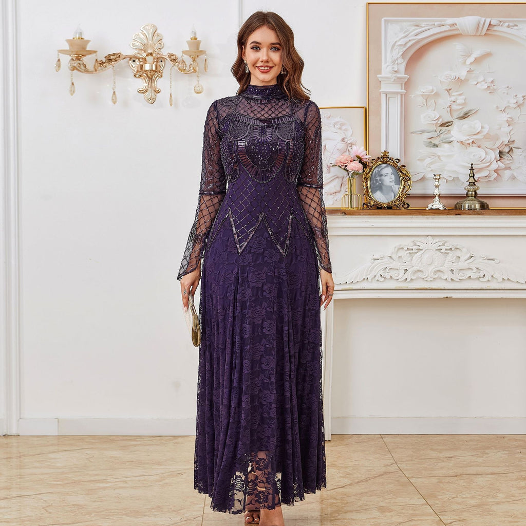 New Sequined Floor-Length Evening Dress Elegant Slim Long Sleeve Banquet Party Dress
