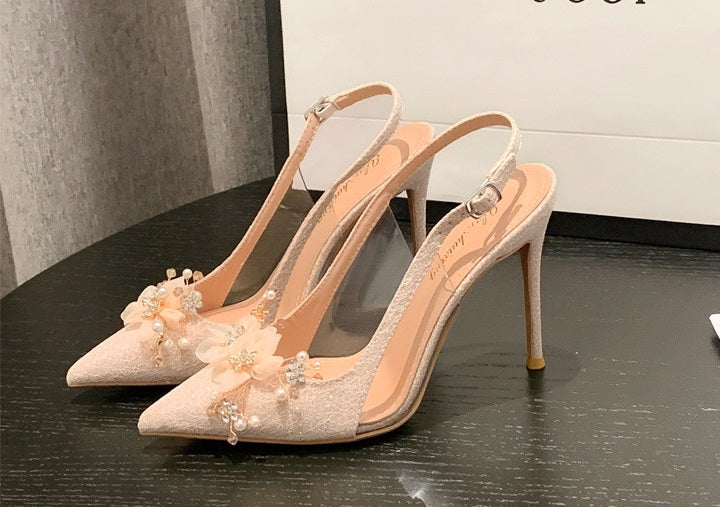 Wedding Party 6/8/10cm High Stiletto Sandal Floral Pearl Closed Pointed Toe Slingback High Heels Bridesmaid Bridal Shoe